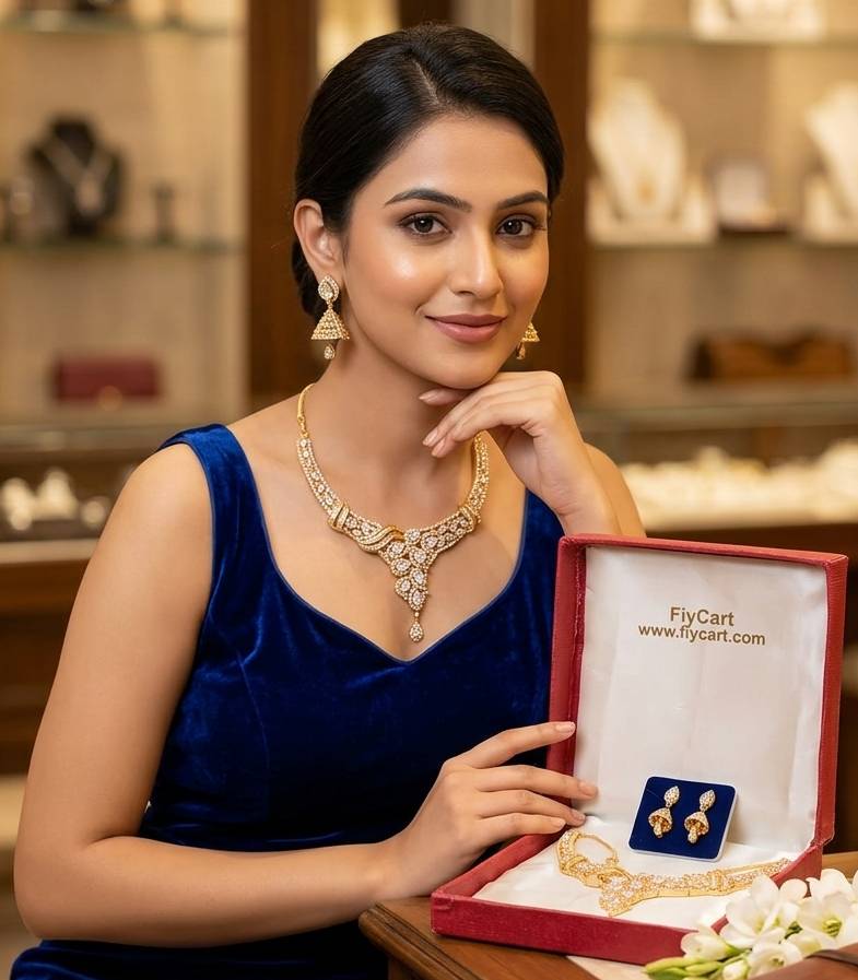 Premium American diamonds Gold Plated  Jewellery Set - Necklace, Earrings view 2